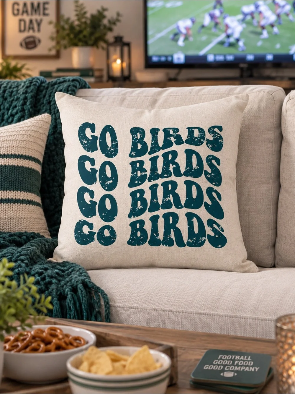 Go Birds Football 18x18 Double-Sided Linen Blend Pillow Cover